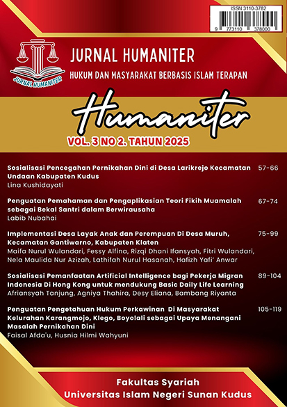 Journal Title	: Jurnal Humaniter DOI Prefix	: - Editor in Chief	: Rahma Aulia, M.H. Managing Editor	: Inna Fauziatal Ngazizah, M.H.I Publisher	: UIN Sunan Kudus Frequency	: Twice of Year Citation Analysis	: -